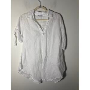 100% Lin Blanc White Short Sleeve Linen V-Neck Tunic Sz 46